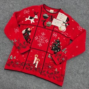 Classic Elements Vintage Red Christmas Grid Sweater Reindeer Snowman Mens Large